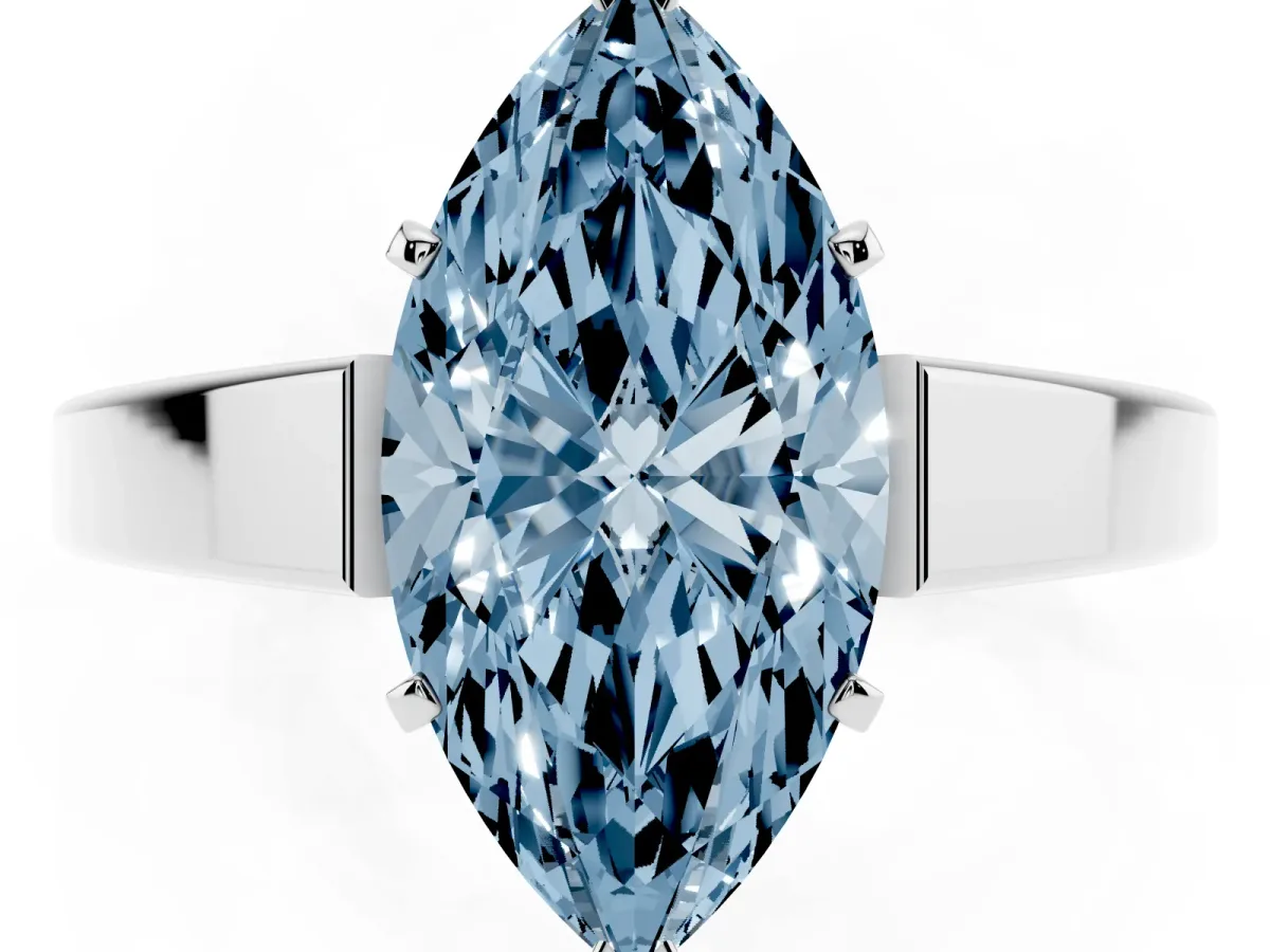 Fancy Blue Marquise Cut Solitaire Engagement Ring with Four-Prong Setting and Tapered Band Platinum