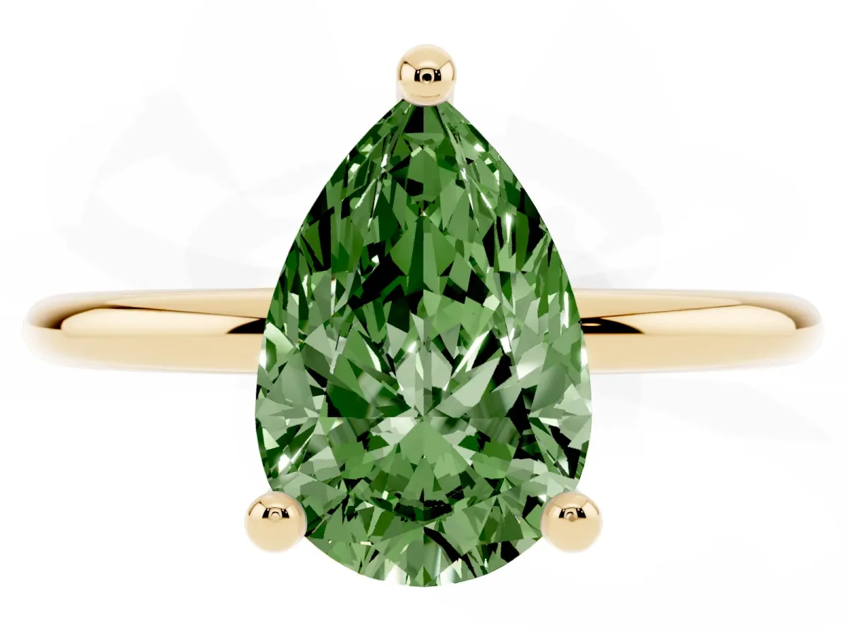 Fancy Green Pear Cut Solitaire Diamond Ring with 4-Prong Setting on a Classic Band Yellow gold