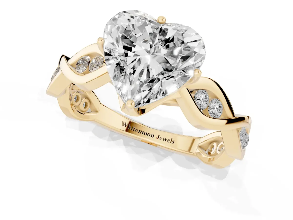 Heart Cut Solitaire Twist Band with Leaf Prong Setting Yellow gold