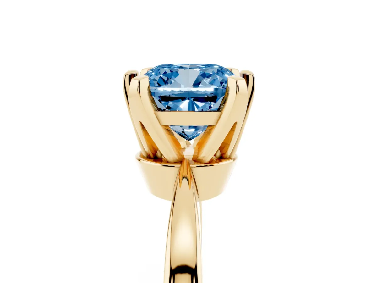 Fancy Blue Cushion Cut Solitaire Engagement Ring with Six-Prong Setting and Tapered Band Yellow gold