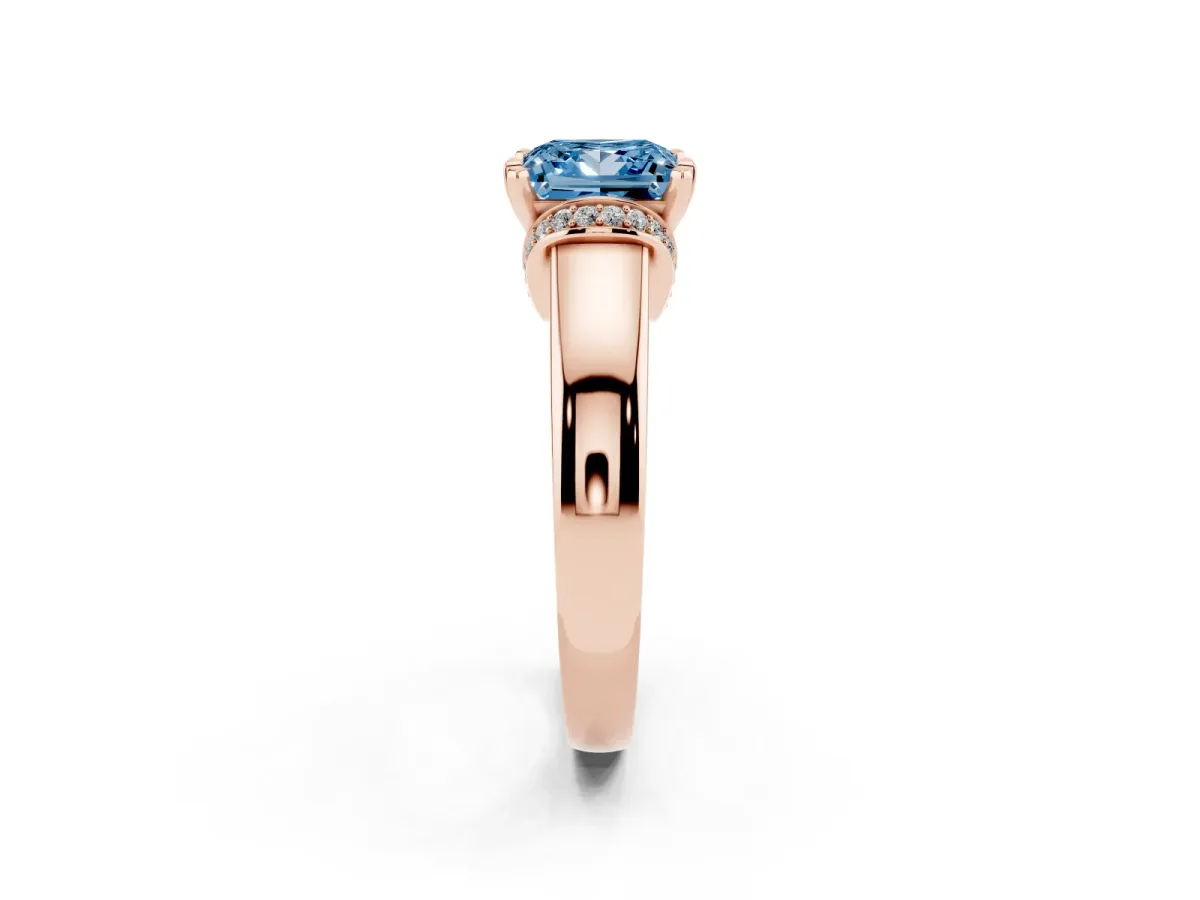 Fancy Blue Princess Cut Solitaire Diamond Ring with Pave Band and Six-Prong Setting Rose gold