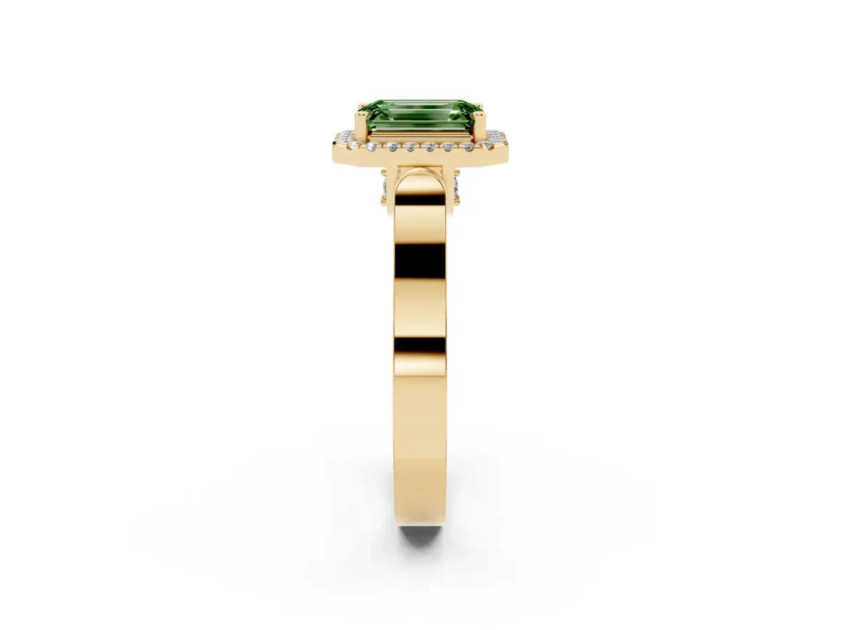 Fancy Green Emerald Cut Halo Pave Split Shank Prong Setting Ring Yellow gold