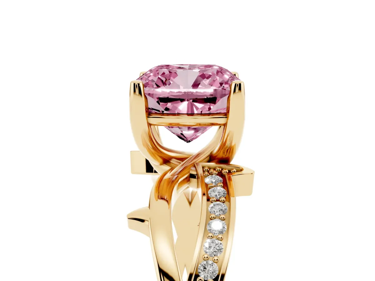 Fancy Pink Cushion Cut Solitaire Twist Band with Pavé Accents and Four-Prong Setting Yellow gold