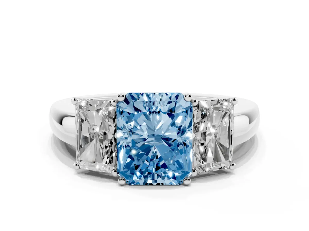 Fancy Blue Radiant Cut Diamond Three-Stone Ring with Four-Prong Setting and Classic Band Silver