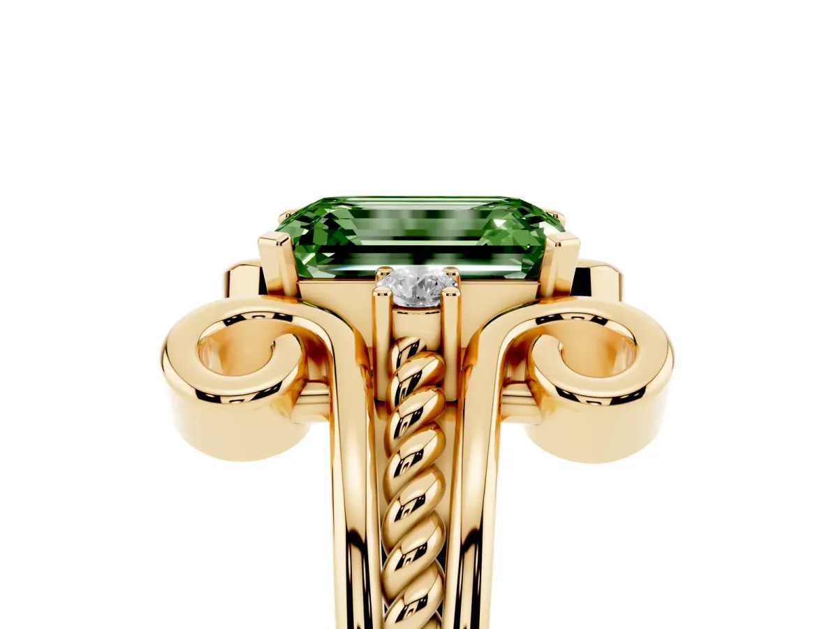 Fancy Green Emerald Cut Solitaire Twisted Band Scroll Prong Ring Yellow gold