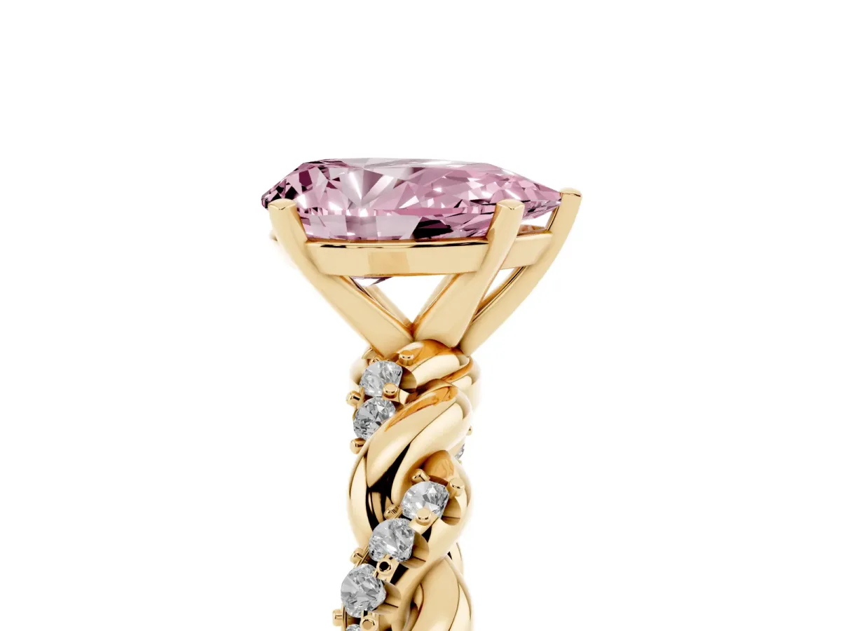 Fancy Pink Pear Cut Diamond Solitaire Ring with Twisted Band and Pavé Accents Yellow gold
