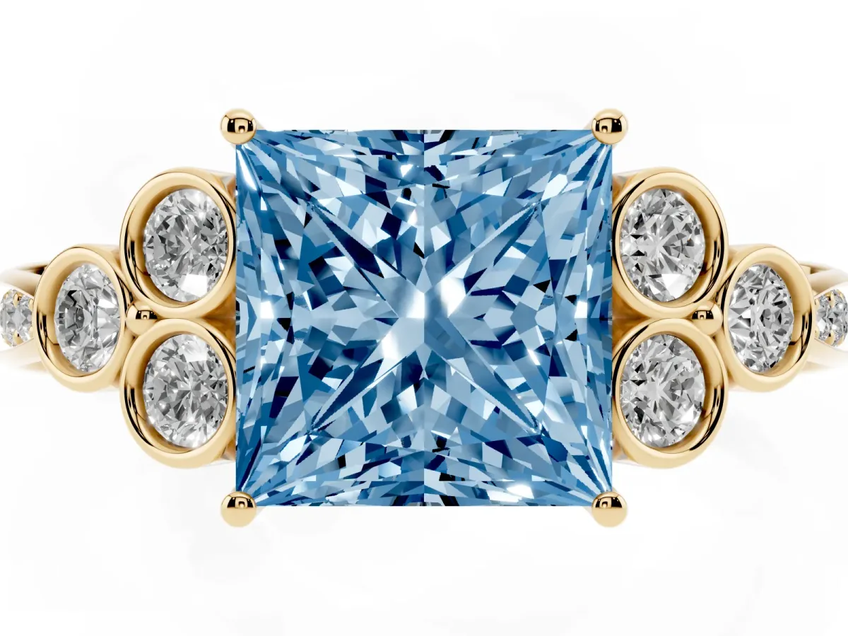 Fancy Blue Princess Cut Cut Diamond Engagement Ring with Bezel Set Round Side Stones and Prong Setting Yellow gold