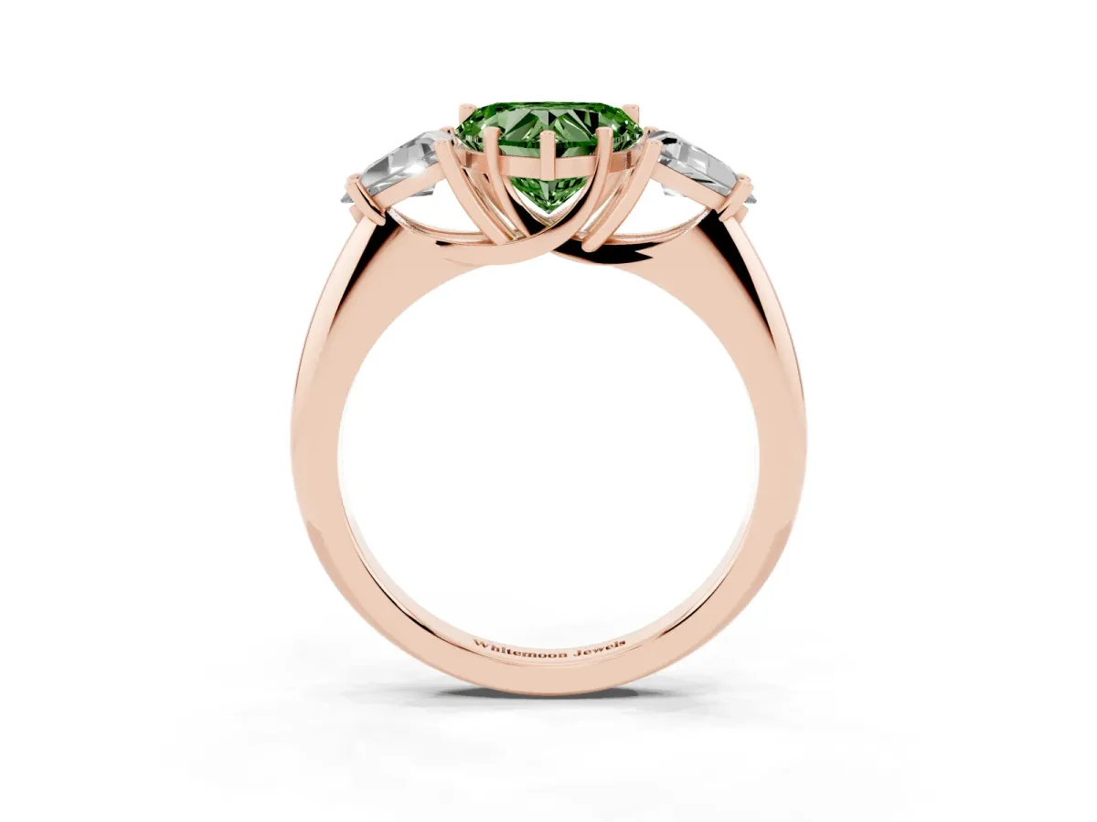 Fancy Green Three-Stone Heart Cut Diamond Engagement Ring with Trillion Side Stones and Prong Setting Rose gold