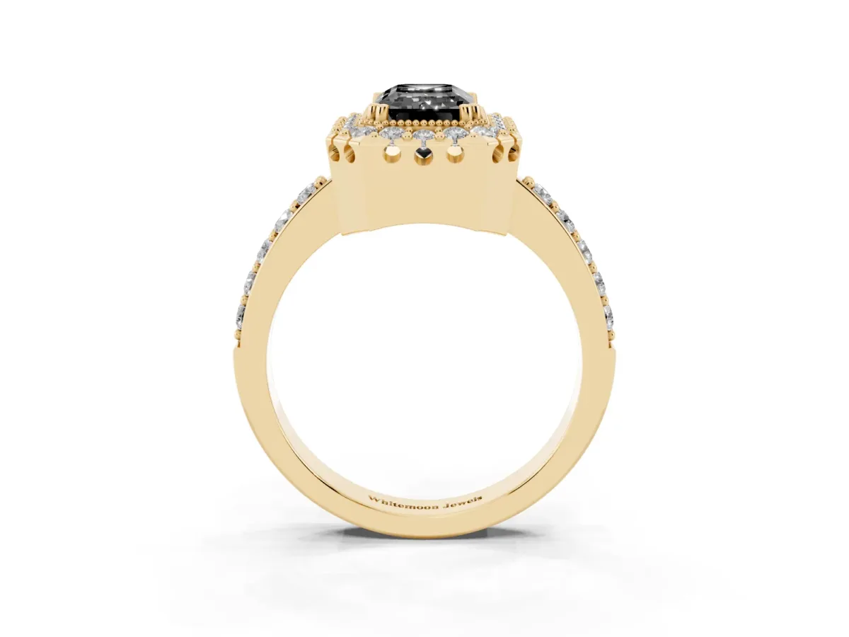 Fancy Black Emerald Cut Diamond Halo Ring with Pavé Band and Prong Setting Yellow gold
