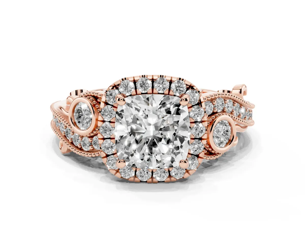 Cushion Cut Diamond Halo Ring with Milgrain Pavé Band and Four-Prong Setting Rose gold