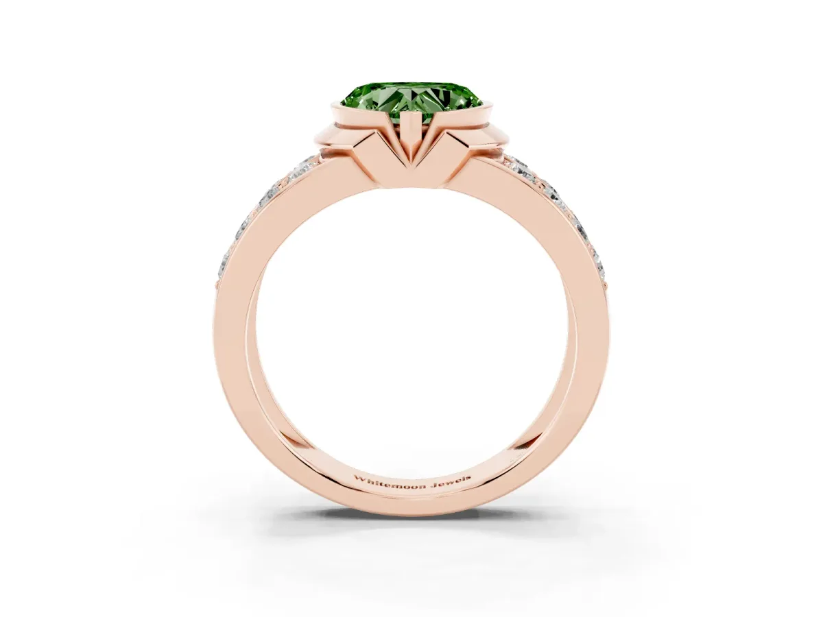 Fancy Green Heart Cut Brilliant Diamond Channel Set Wide Band Ring with Bezel Setting Rose gold