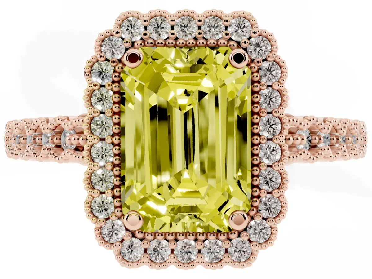 Fancy Yellow Emerald Cut Cut Halo Pavé Solitaire Ring with Milgrain Band Rose gold