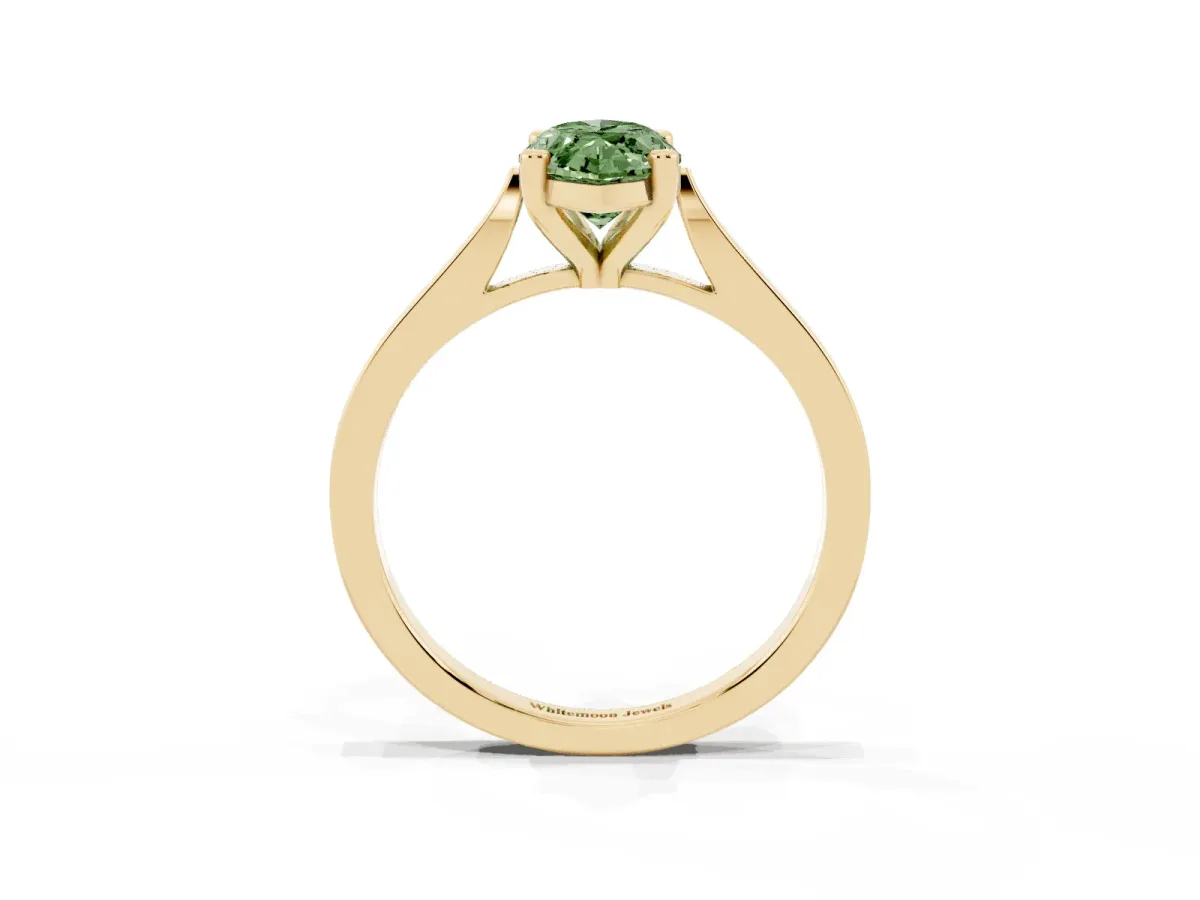 Fancy Green Marquise Cut Solitaire Diamond Ring with Four-Prong Setting and Tapered Band Yellow gold