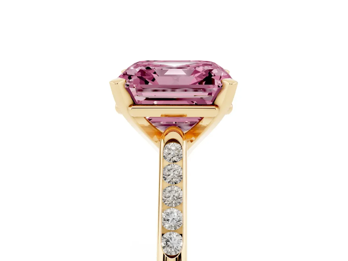 Fancy Pink Asscher Cut Diamond Solitaire Ring with Channel Set Round Band and Prong Setting Yellow gold