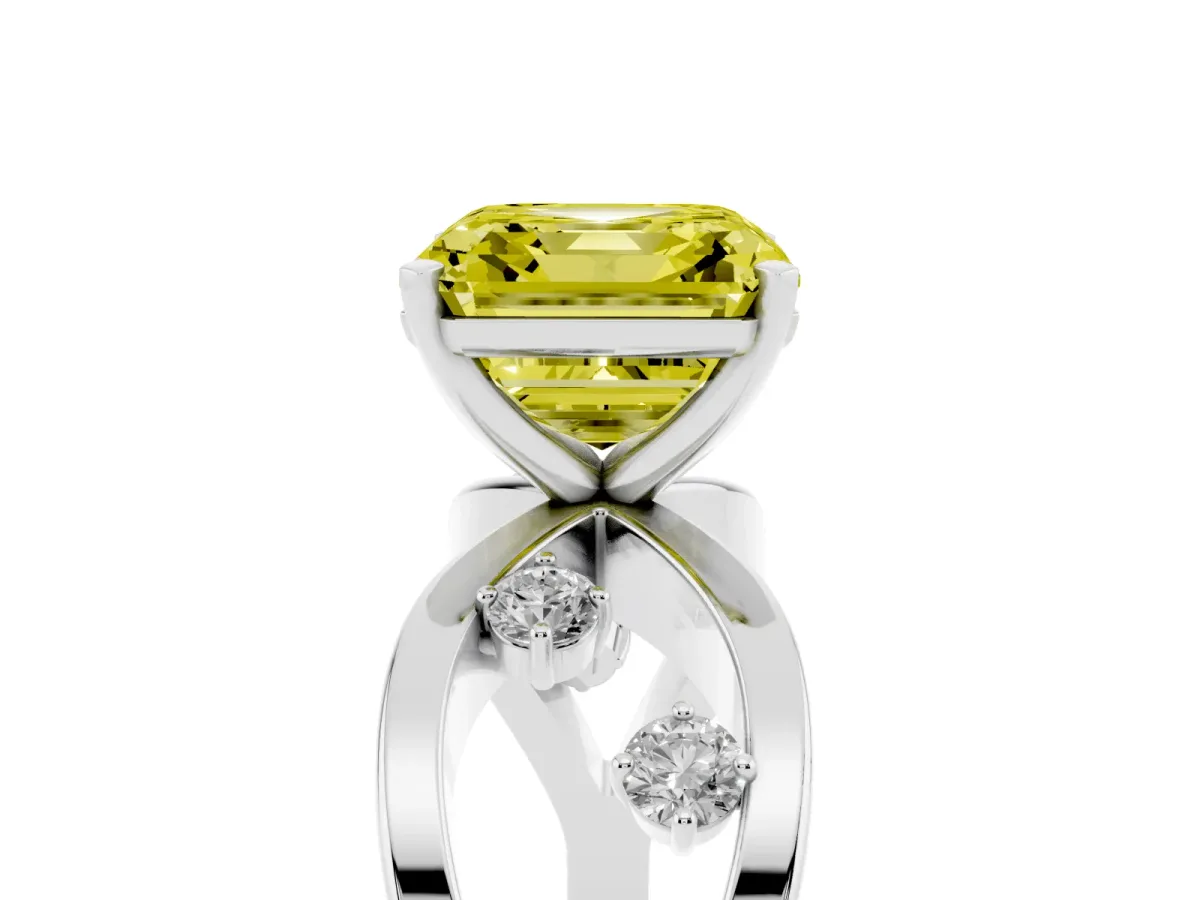 Fancy Yellow Asscher Cut Cut Solitaire Diamond with Side Stones on Criss-Cross Band and Four-Prong Setting White gold