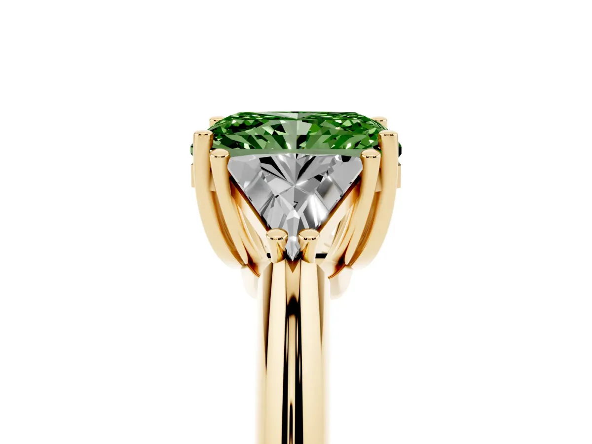Fancy Green Three-Stone Radiant Cut Diamond Engagement Ring with Trillion Side Stones and Prong Setting Yellow gold