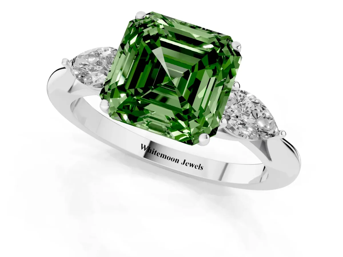 Fancy Green Three-Stone Asscher Cut Diamond Ring with Pear Side Stones in Four-Prong Setting Silver