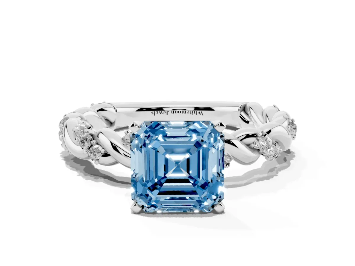 Fancy Blue Asscher Cut Diamond Solitaire Ring with Twisted Band and Pavé Accents White gold