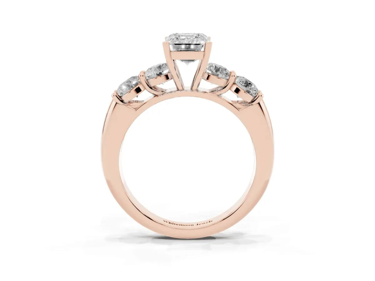 Emerald Cut Cut Five-Stone Prong Set Diamond Ring with Classic Band Rose gold