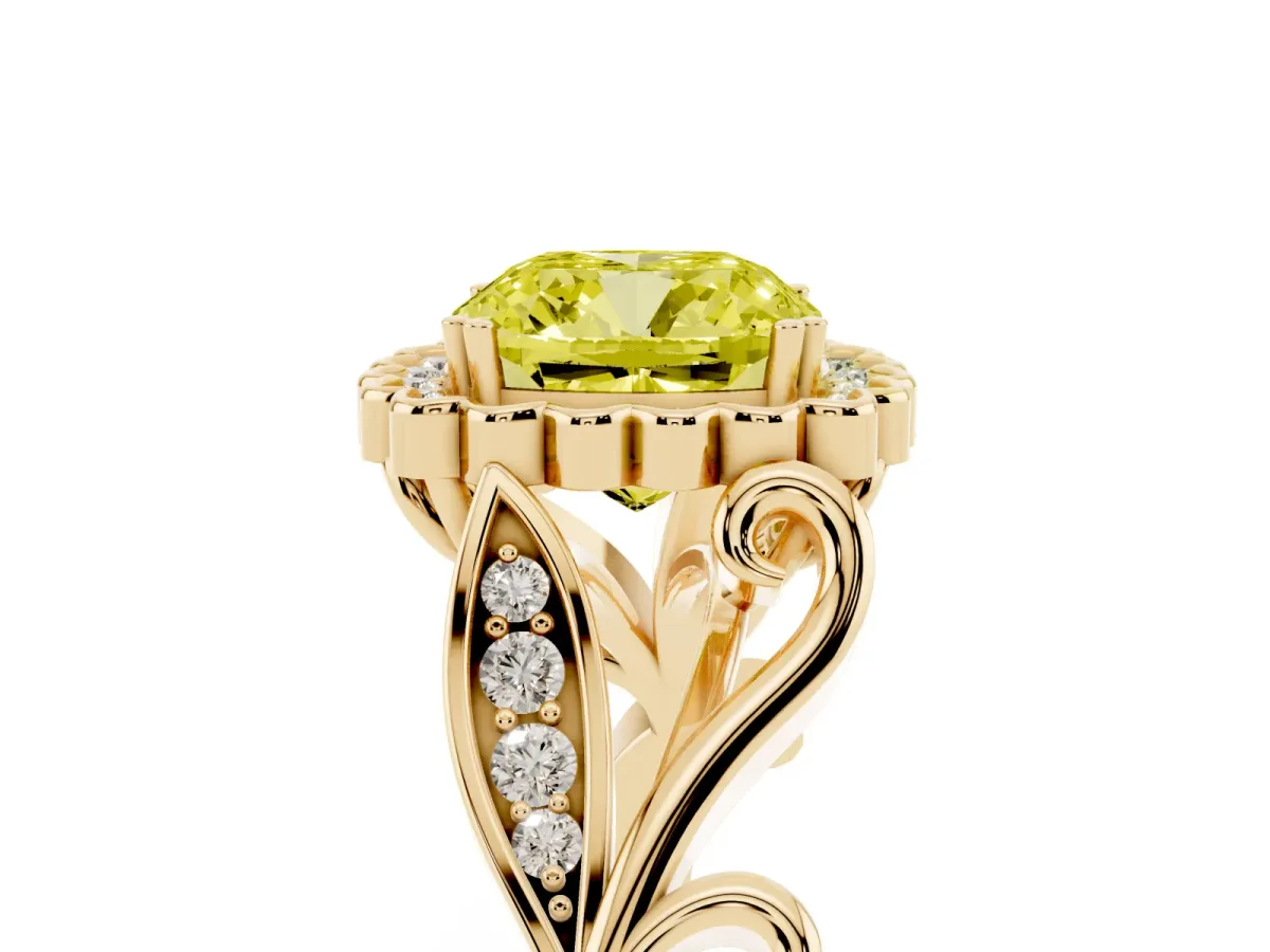 Fancy Yellow Cushion Cut Diamond Halo Ring with Vintage Split Shank and Four-Prong Setting Yellow gold