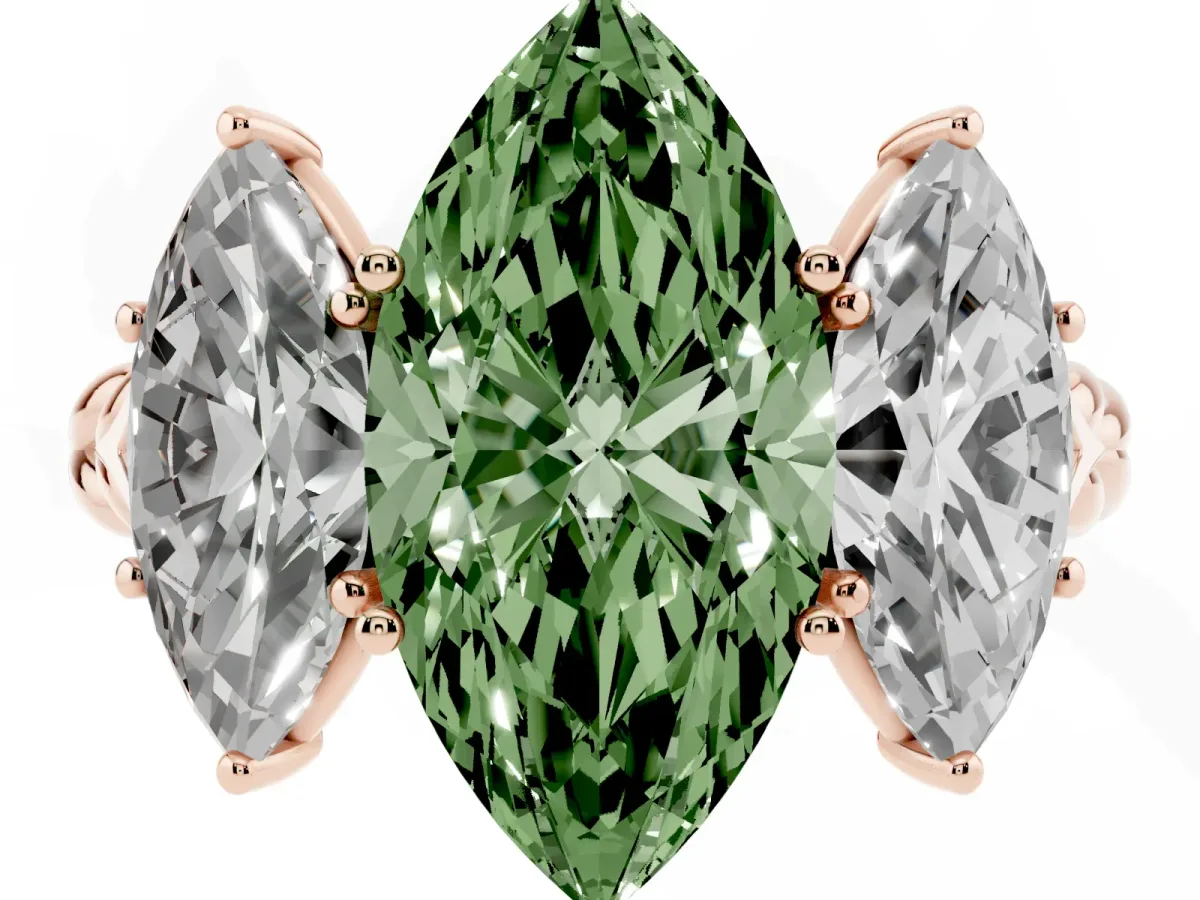 Fancy Green Three-Stone Marquise Cut Diamond Braided Band Ring with Four-Prong Setting Rose gold