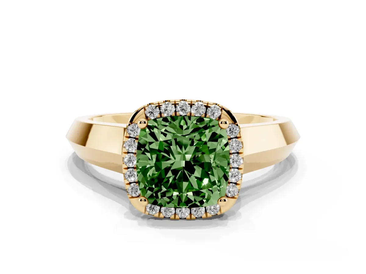Fancy Green Cushion Cut Halo Diamond Ring with Cathedral Band and Four-Prong Setting Yellow gold