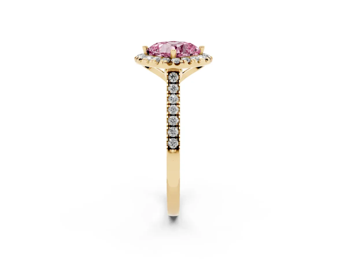 Fancy Pink Cushion Cut Diamond Cushion Halo Ring with Pavé Band Yellow gold