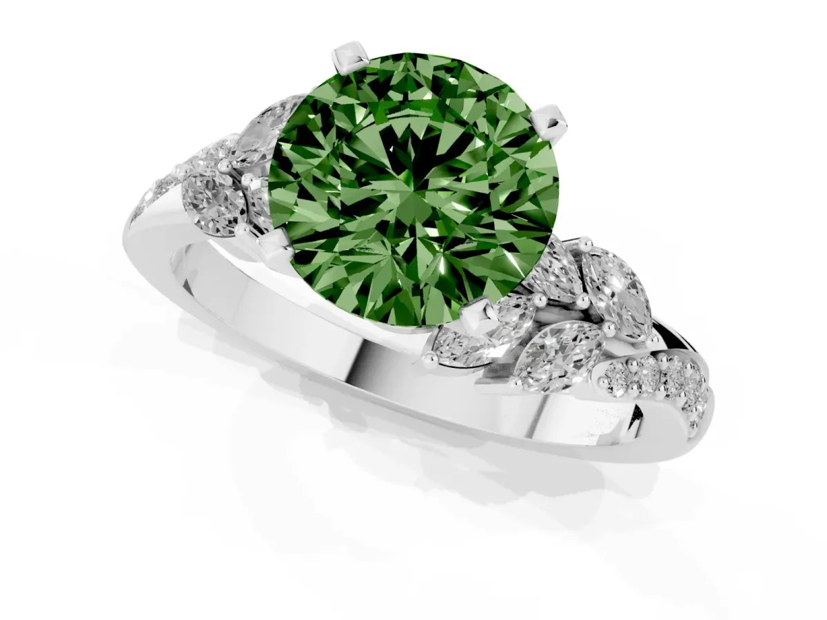 Fancy Green Round Cut Solitaire Marquise Twist Band with Six-Prong Setting Silver