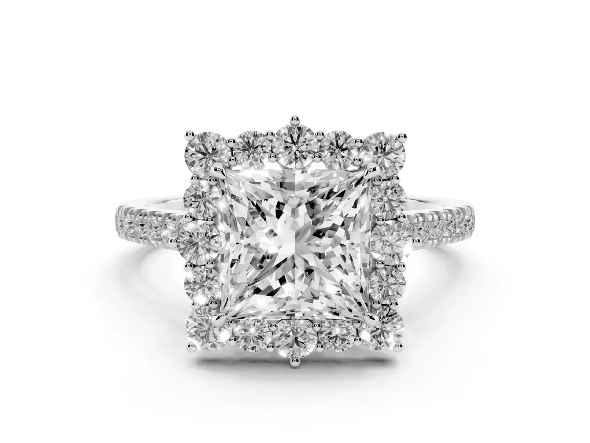 Princess Cut Halo Diamond Ring with Pavé Band and Prong Setting Silver