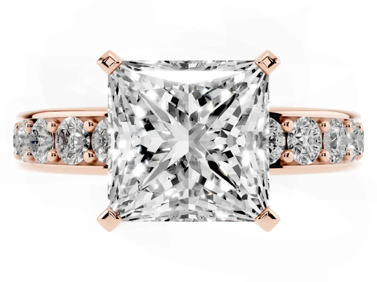 Princess Cut Diamond Engagement Ring with Channel Set Round Band and Prong Setting Rose gold