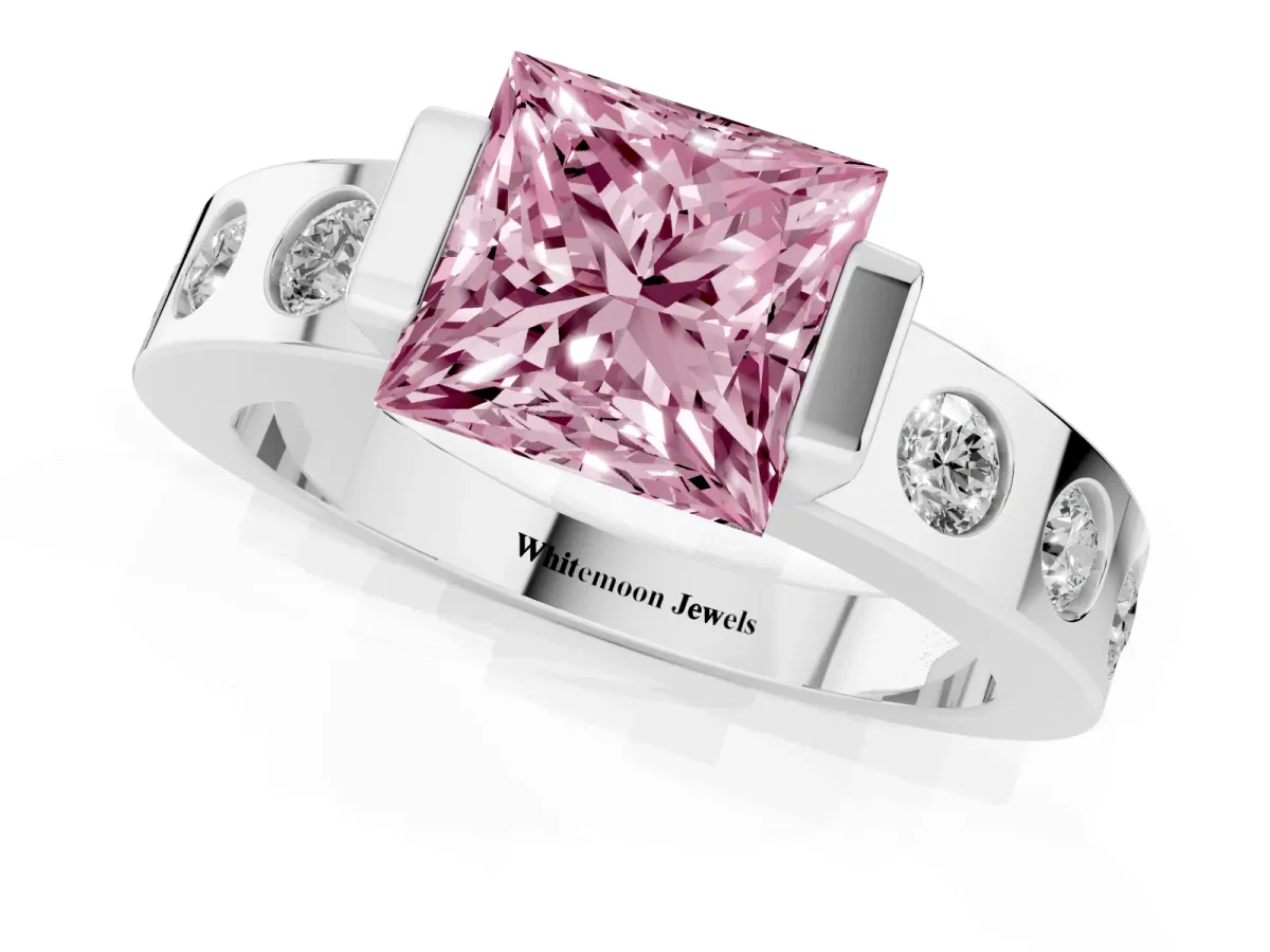 Fancy Pink Princess Cut Brilliant Channel-Set Diamond Ring with Bezel Prong Setting Silver
