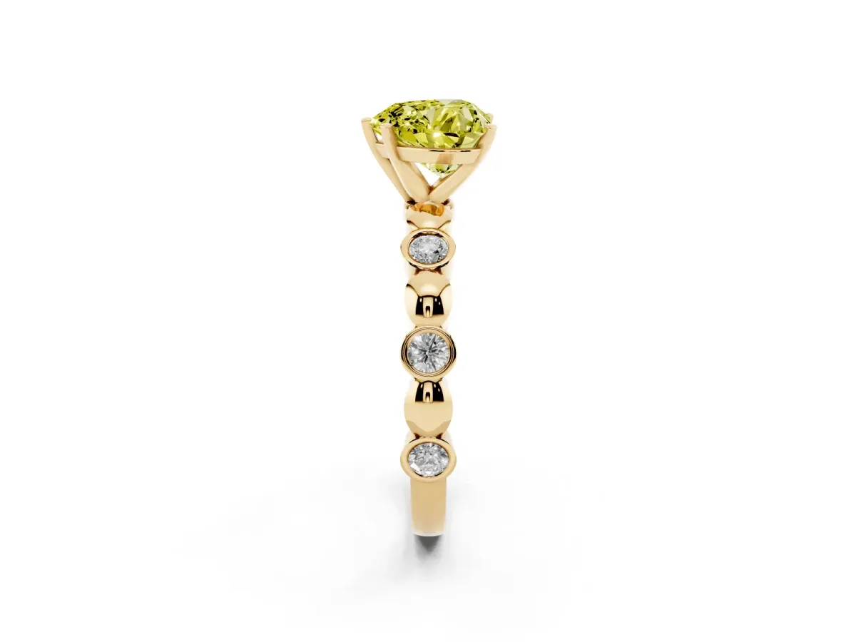Fancy Yellow Heart Cut Solitaire Bezel-Set Diamond Ring with Beaded Band and Four-Prong Setting Yellow gold