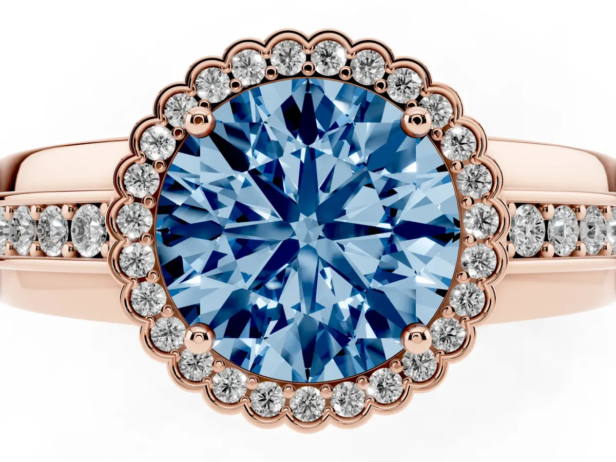 Fancy Blue Round Cut Cut Halo Pave Band Four-Prong Ring Rose gold