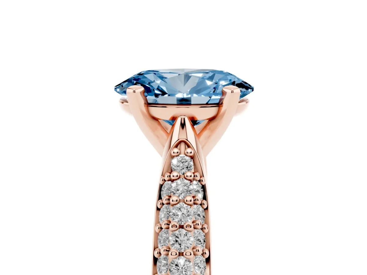 Fancy Blue Oval Cut Diamond Solitaire Engagement Ring with Multi-Row Round Pavé Band and Prong Setting Rose gold