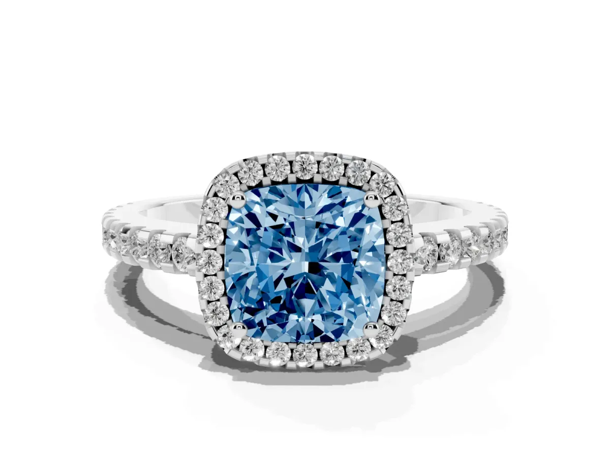 Fancy Blue Cushion Cut Diamond Halo Engagement Ring with Pavé Band and Prong Setting Platinum