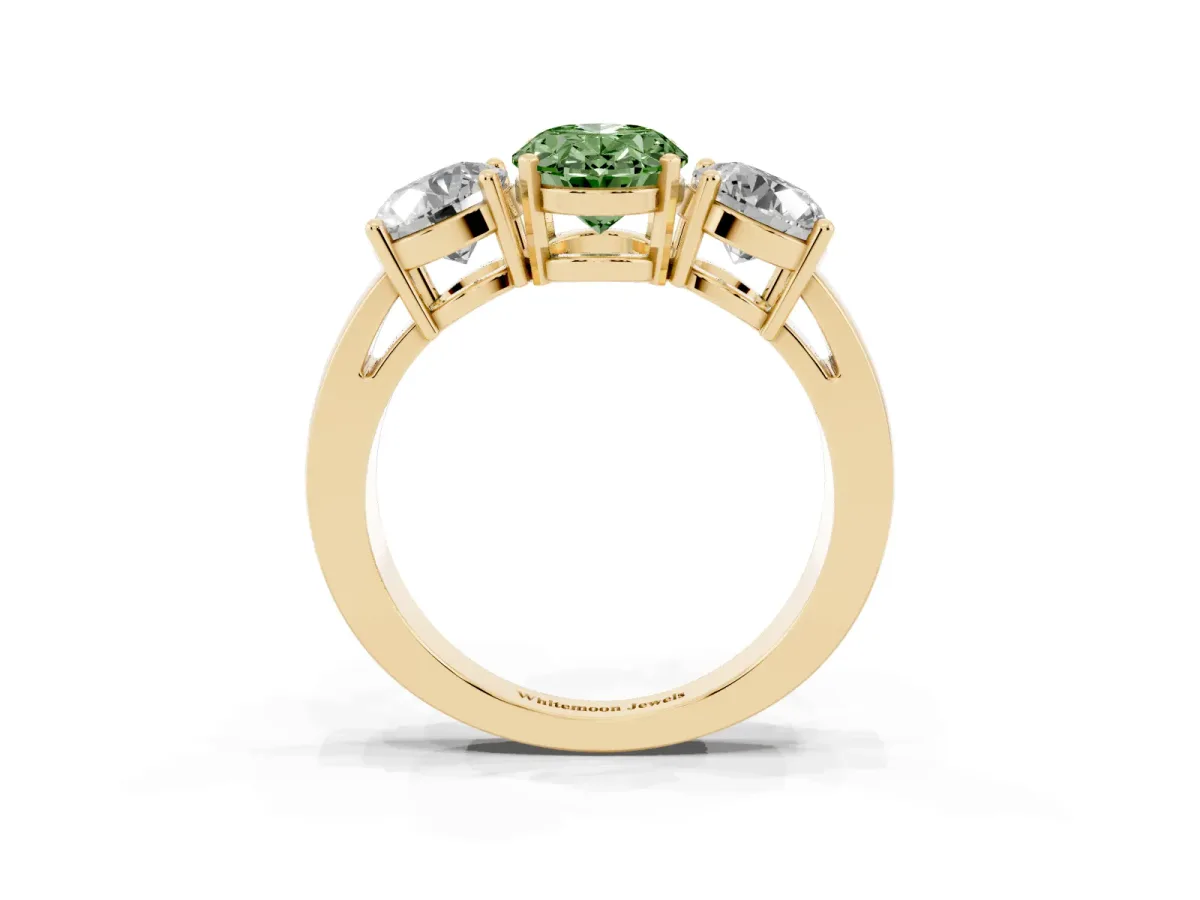 Fancy Green Three-Stone Oval Cut Diamond Ring with Round Side Stones, Classic Band, and Four-Prong Setting Yellow gold