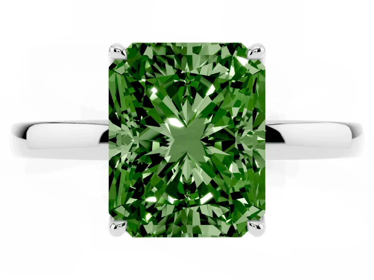 Fancy Green Radiant Cut Diamond Solitaire Ring with Thin Band and Prong Setting Silver