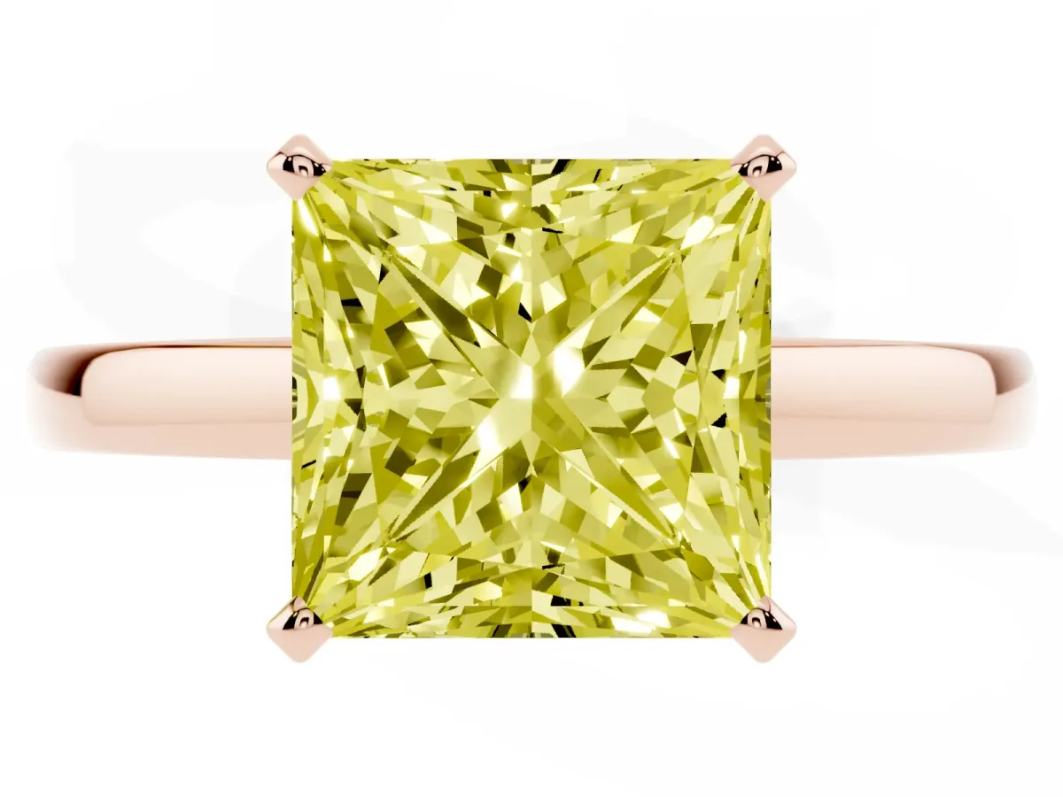 Fancy Yellow Princess Cut Solitaire Diamond Engagement Ring with Four-Prong Setting on a Classic Band Rose gold