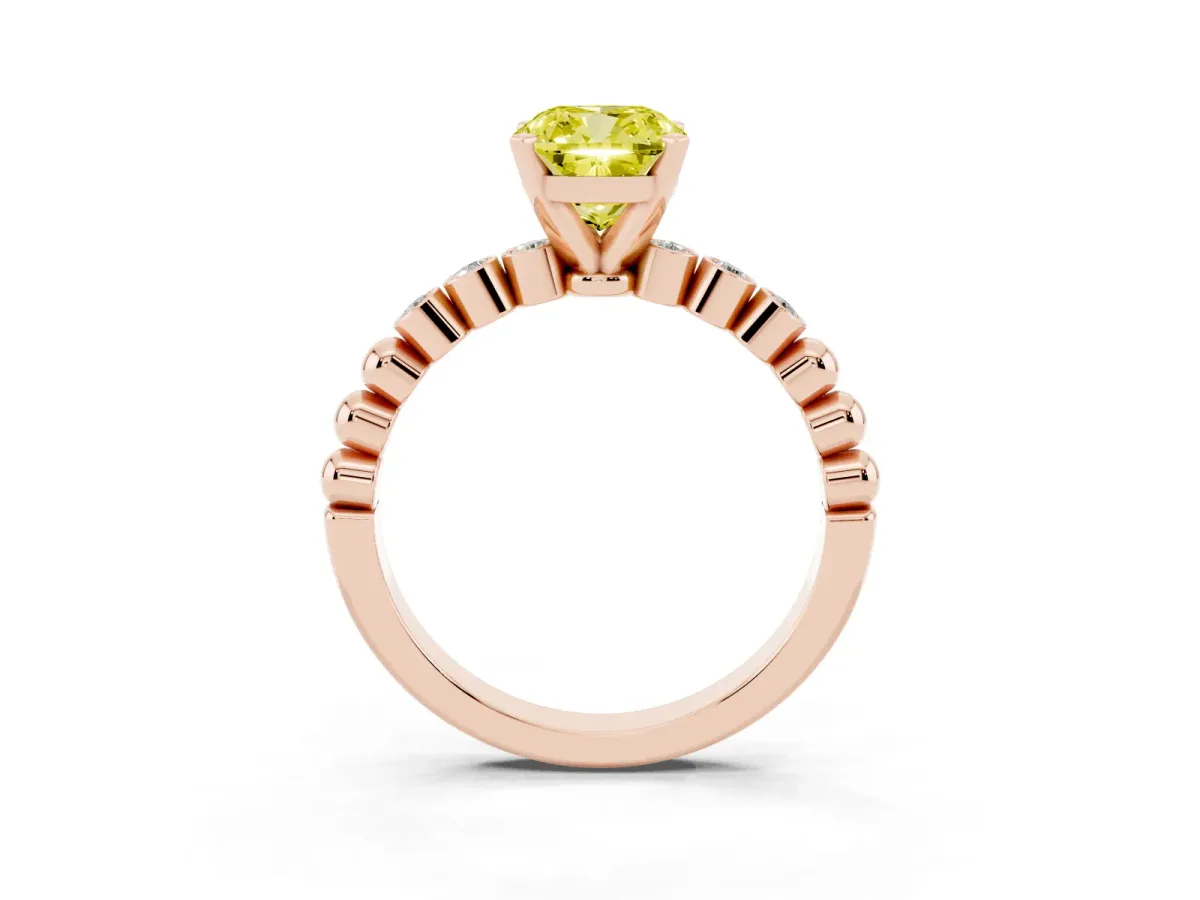 Fancy Yellow Cushion Cut Solitaire Bezel Accent Diamond Engagement Ring with Beaded Band and Four-Prong Setting Rose gold
