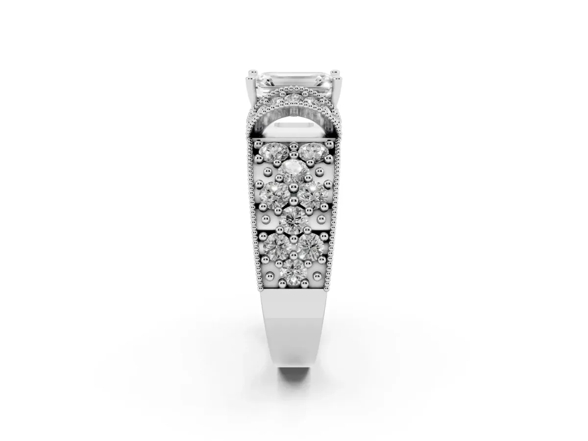 Emerald Cut Halo Pave Diamond Engagement Ring with Milgrain Detailing Platinum