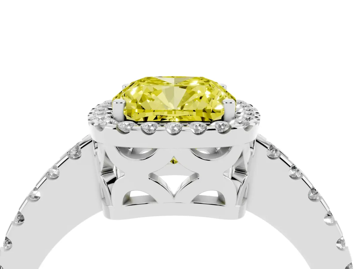 Fancy Yellow Cushion Cut Diamond Halo Engagement Ring with Pavé Band and Prong Setting Platinum