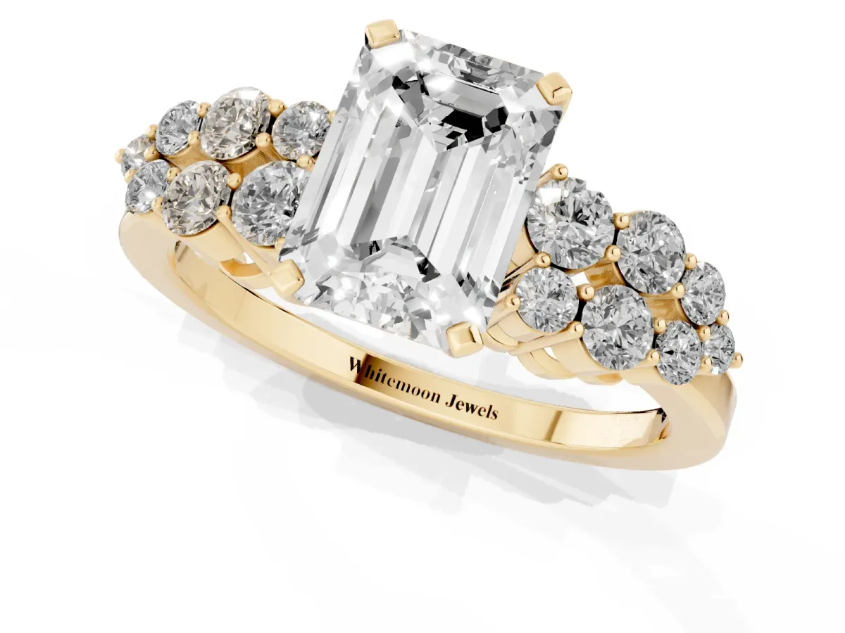 Emerald Cut Cluster Diamond Engagement Ring with Pavé Band and Four-Prong Setting Yellow gold