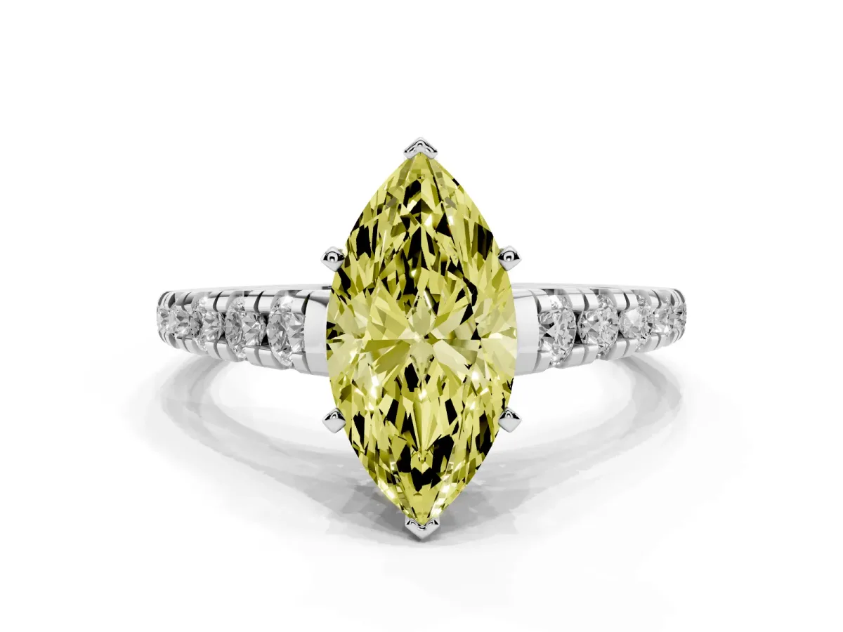Fancy Yellow Marquise Cut Diamond Cathedral Solitaire Ring with Round Pavé Band Silver