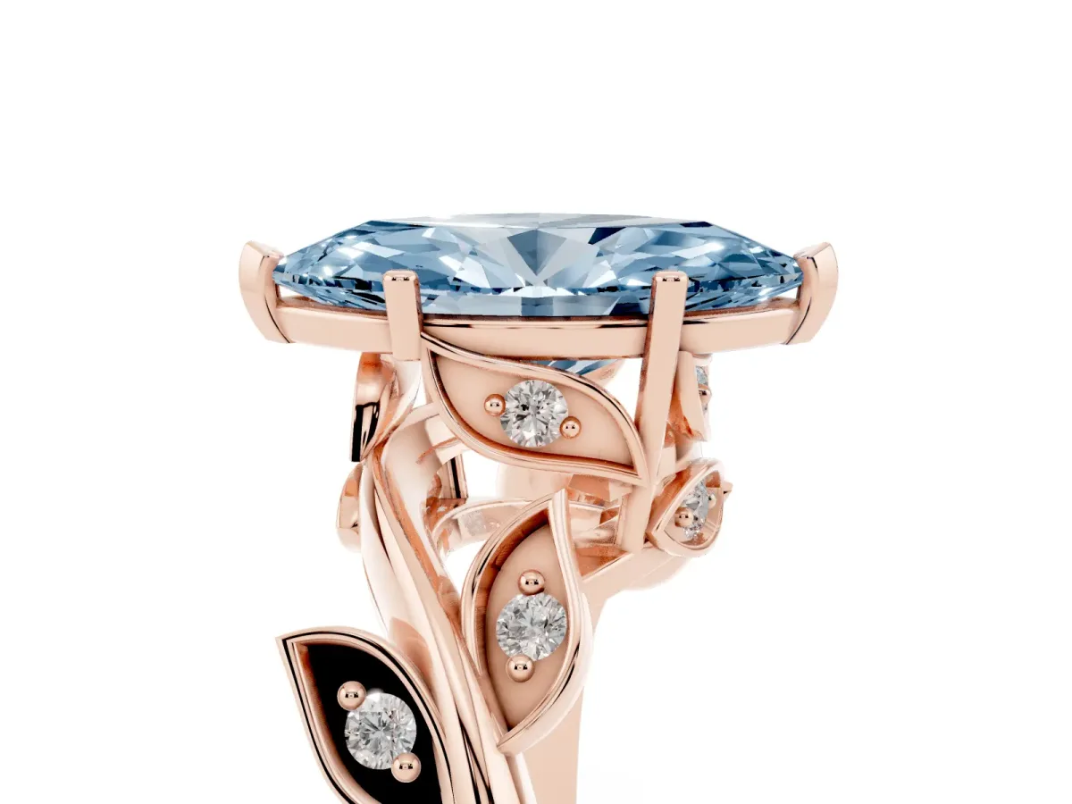Fancy Blue Marquise Cut Solitaire Twist Engagement Ring with Leaf Accents and Prong Setting Rose gold