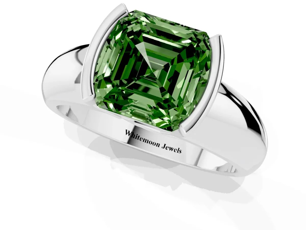 Fancy Green Asscher Cut Solitaire Tension Set Diamond Ring with Wide Band White gold