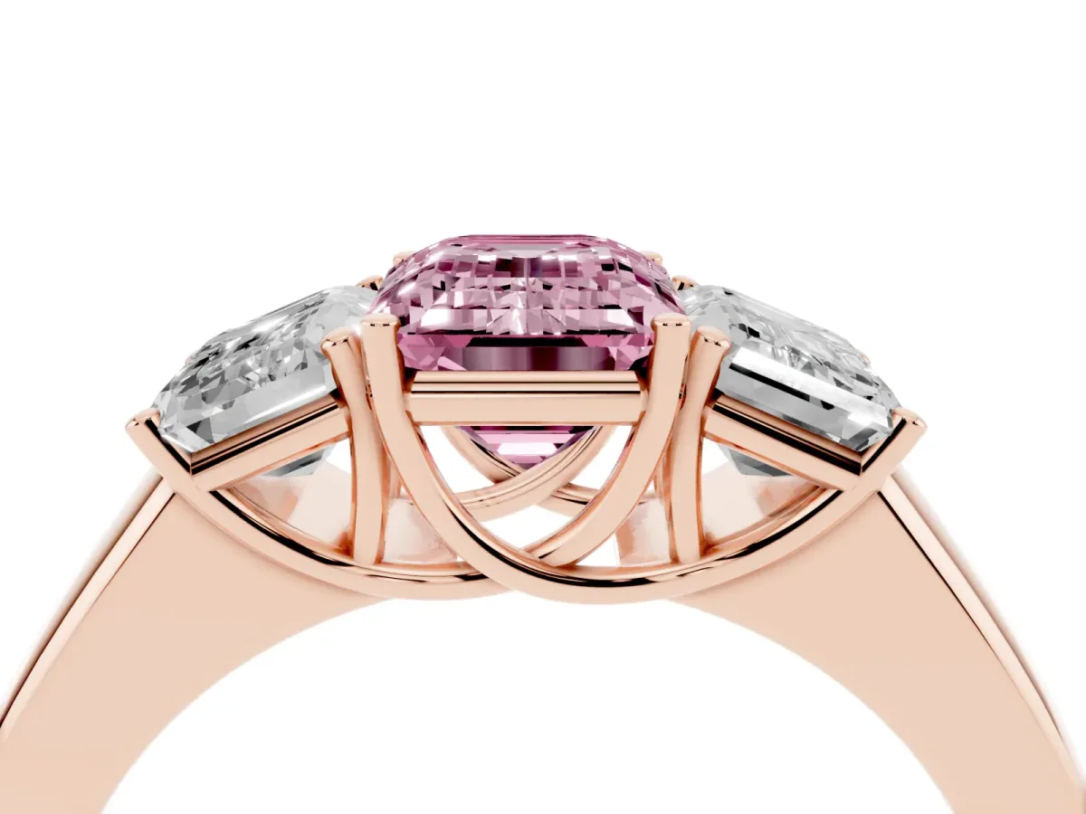 Fancy Pink Three-Stone Emerald Cut Cut Diamond Ring with Prong Setting and Classic Band Rose gold