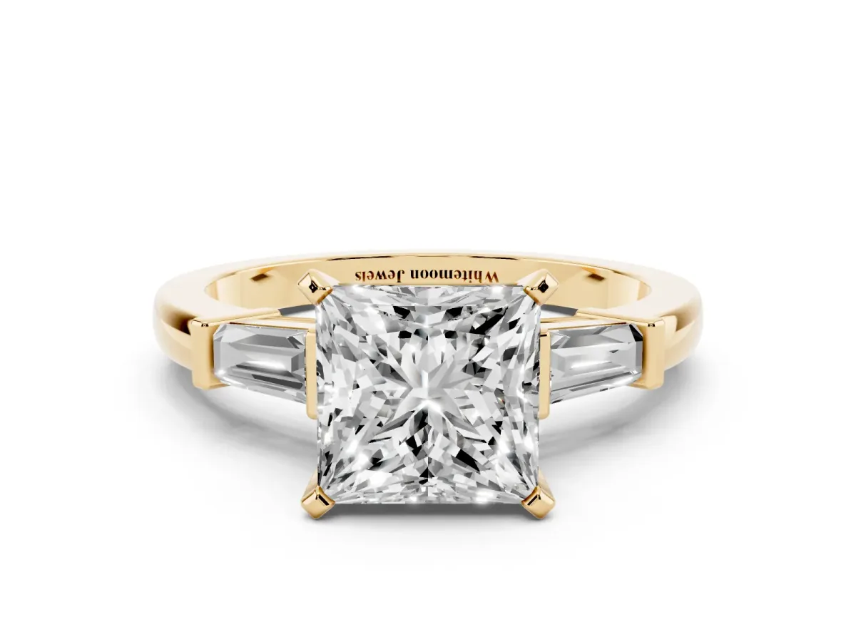 Princess Cut Cut Diamond Solitaire Ring with Tapered Baguette Accents and Four-Prong Setting Yellow gold