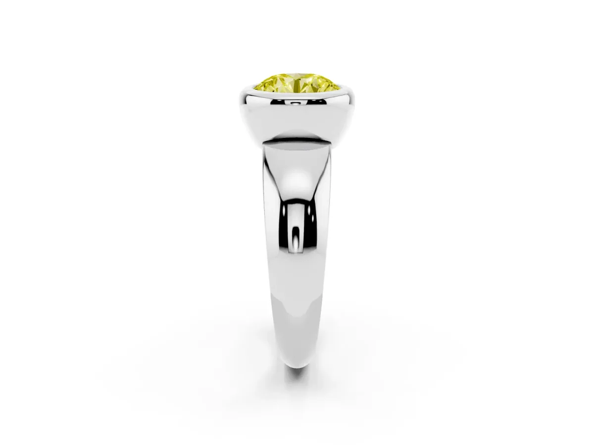 Fancy Yellow Bezel Set Round Cut Solitaire Ring with Wide Band Platinum