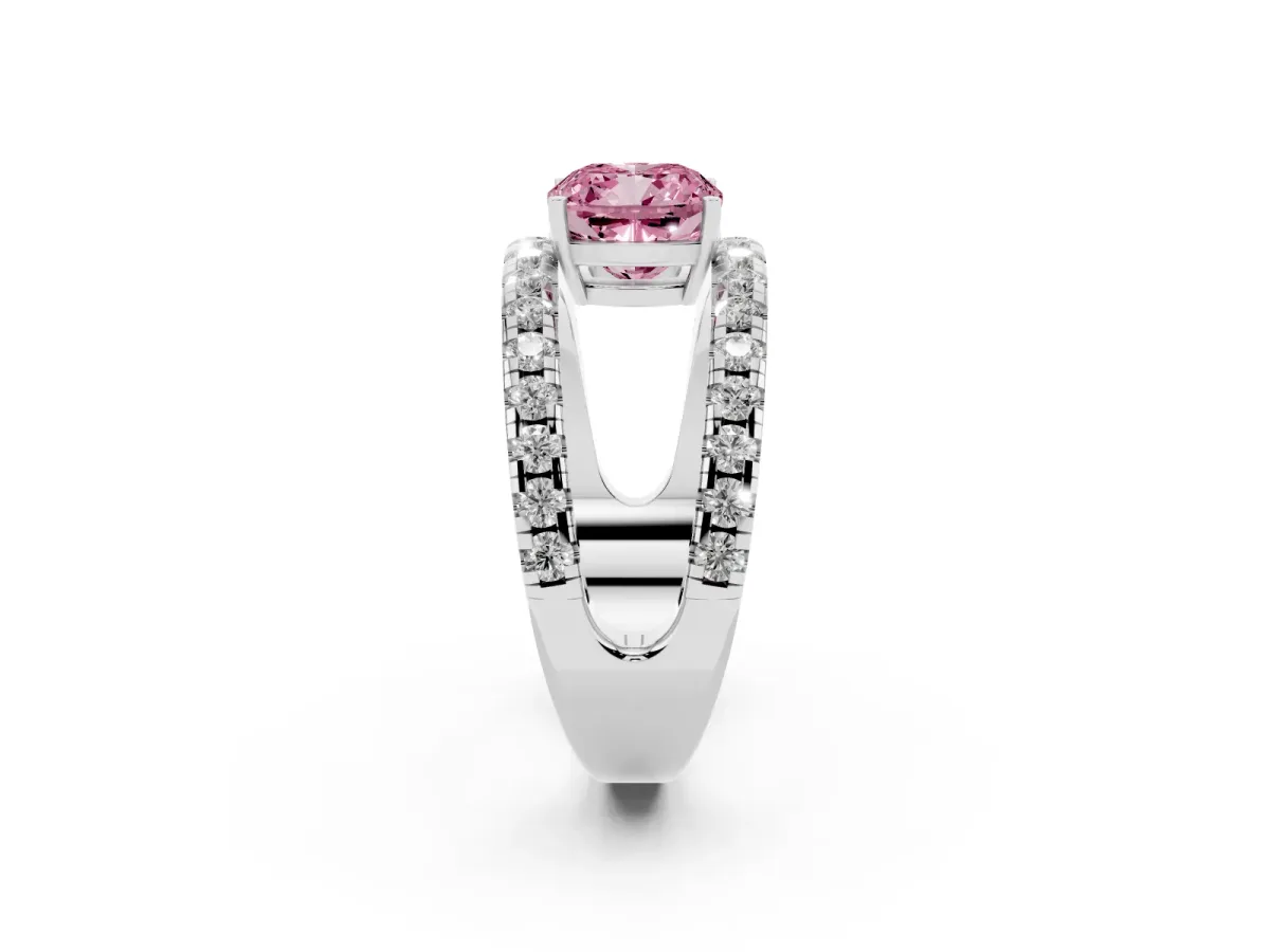 Fancy Pink Cushion Cut Solitaire Split Shank Pave Diamond Ring Silver