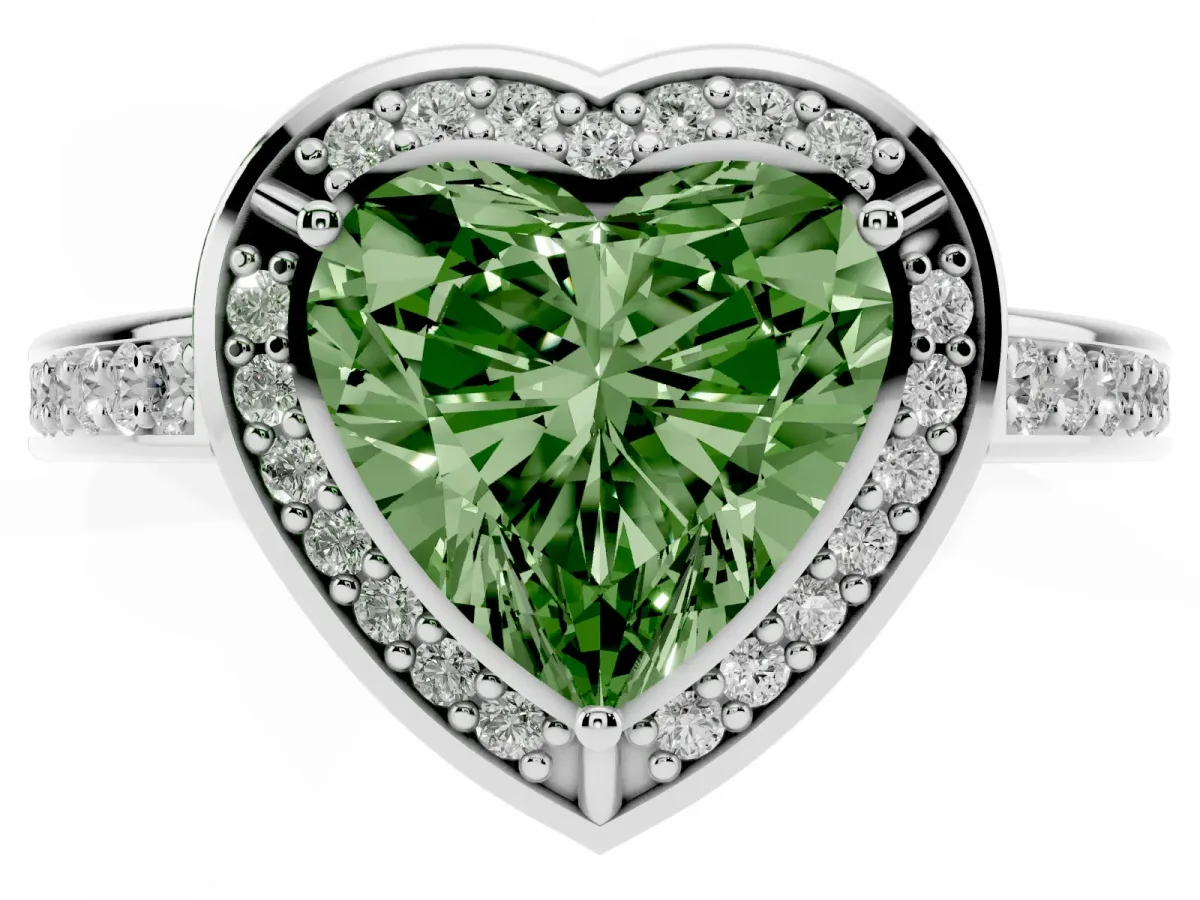 Fancy Green Heart Cut Cut Halo Pave Split Shank Prong Setting Ring White gold